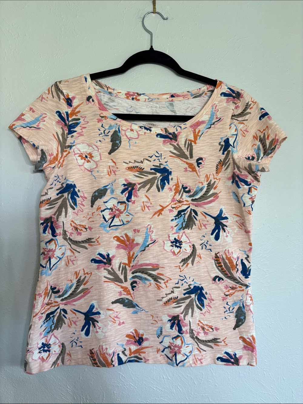 Lands' End Women's Floral Short Sleeve Top - Peach and Blue